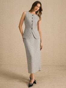 Poéselle 2 件女士单排扣背心和长款中长裙优雅办公室套装，粗花呢背心中长裙套装，优雅风格，轻松时尚必备，FW24 - 彩色 - 查看 2