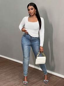 Slaydiva 2024 新款白色方领收褶侧边罗纹女式长袖 T 恤 - 白色 - 查看 5