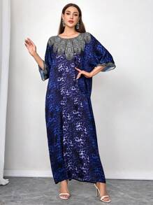 Al Najma Women's Round Neck Sequin Panel Batwing Sleeve Elegant Abaya, Modest Party Maxi Full Length Abayas, For Evening Party/Wedding Guest/Anniversary/Daily - Blue - View 4