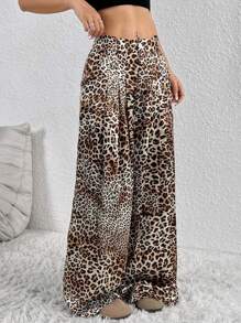 SHEIN Unity Women's Leopard Print Wide Leg Loose Pleated Casual Pants Fall Cloth For Women - Multicolor - View 4
