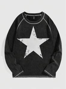 ROMWE MEN Street Life Camiseta casual de manga larga tipo raglán con estampado de estrella de cinco puntas, corte holgado para hombre, primavera y verano