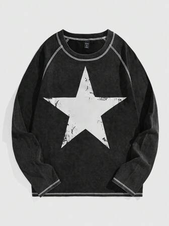 Street Life Camiseta casual de manga larga tipo raglán con estampado de estrella de cinco puntas, corte holgado para hombre, primavera y verano