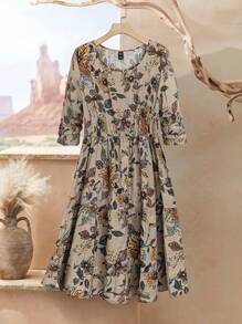 EMERY ROSE Plus Size Long Fall Dress Women Floral Print Round Neck Short Sleeve Loose Casual Dress, Fall Women Clothes