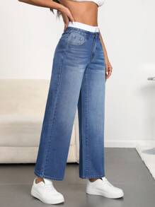SHEIN Essnce Front Button Multi-Pocket Simple Denim Jeans For Casual Daily Wear - Light Wash - View 3