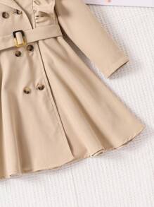 SHEIN Young Girl Solid Color Lapel Flounce Casual Long Trench Coat,In Fall/Winter - Khaki - View 5