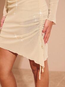 Glamine Vestido Elegante Feminino com Brilho na Barra e Cordão Lateral, Nude - Damasco - Visão 6
