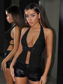 SHEIN ICON Trang phục dự tiệc và hòa nhạc Y2k Summer Rave dành cho nữ, áo không tay cổ chữ V, dây đeo đinh tán màu trắng - màu đen - Xem 3