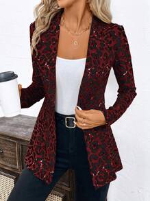 SHEIN Clasi 秋冬款豹纹单扣长袖女式西装外套 - 酒紅色 - 查看 3