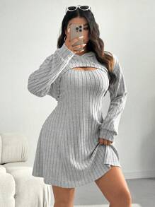 SHEIN EZwear 大码黑色罗纹连帽运动衫连衣裙休闲两件套服装，初秋 - 淺灰色 - 查看 5