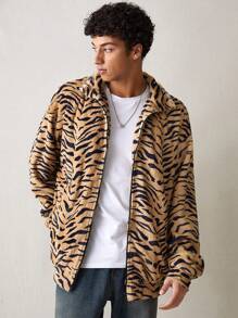 Manfinity VCAY Men's Knit Casual Leopard Print Fuzzy Long Sleeve Zip-Up Cardigan, For Fall Winter - Multicolor - View 4
