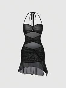 SHEIN LUNE Solid Color Hollow Out Ruffle Backless Sleeveless Dress - Black - View 1