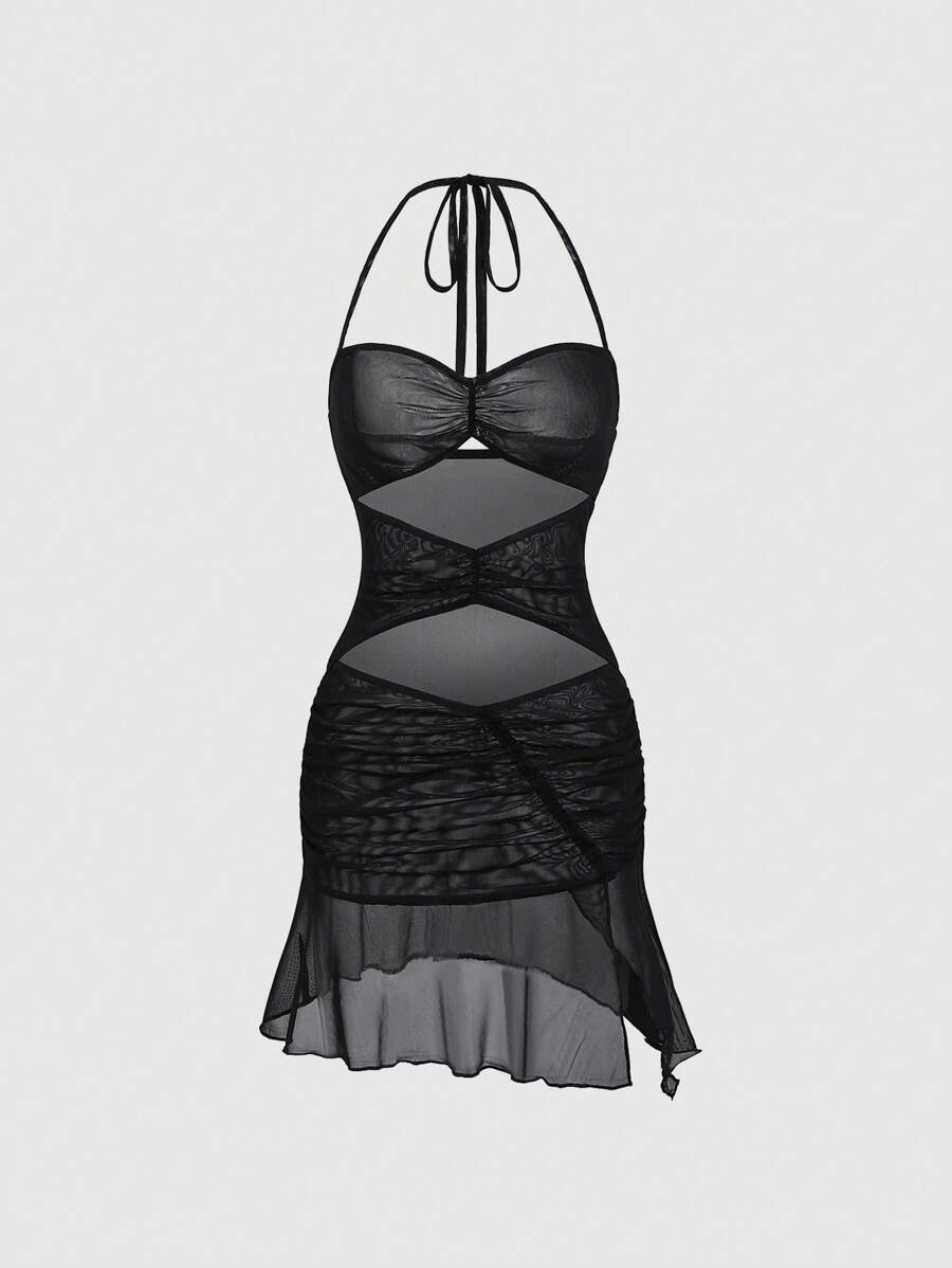 SHEIN LUNE Solid Color Hollow Out Ruffle Backless Sleeveless Dress - Black - View 1