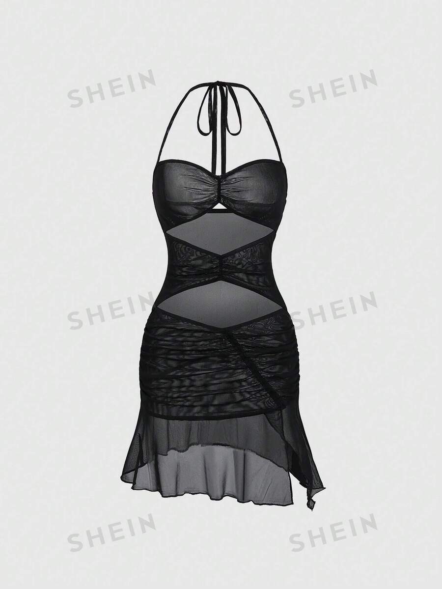 SHEIN LUNE Vestido sin mangas con espalda descubierta, unicolor y volantes calados - Negro - Ver 1