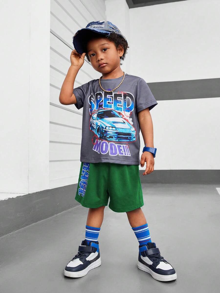SHEIN Bộ 2 áo thun tay ngắn và quần short in chữ và xe hơi hoạt hình thời trang cho bé trai, mùa hè - Nhiều màu - Xem 1