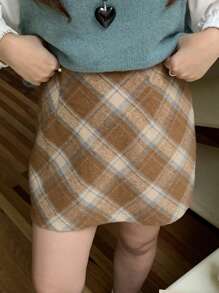 DAZY 女式格子 A 字裙，秋冬款 - 咖啡棕 - 查看 1