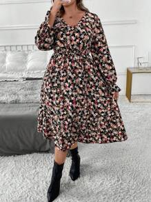 SHEIN Clasi Maxikleid mit langen Ärmeln und Blumenmuster, Damen Große Größen Elegantes Lässig Alltagskleid, Herbst Winter - Verschiedenfarbig - Übersicht 3