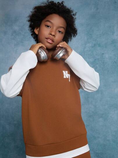 SHEIN 2 件套 Tween Boy 宽松字母图案连帽运动衫和裤子套装