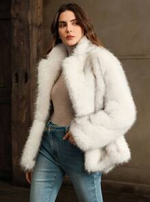 Anewsta New Arrival Elegant Fluffy Ladies Coat, Fox Fur Style Fuzzy Winter Outerwear For Holiday Party Clothes - White - View 6