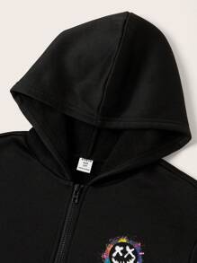 2pcs Tween Boys Casual Korean Style Graphic Print Hoodie Cardigan Jacket And Crossbody Bag Set,In Fall/Winter