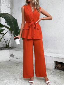 Chiquease 2pcs/Set Solid Color Vest Blazer Jacket And Pants Elegant Suit Set - Orange - View 6