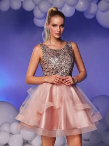 SHEIN Belle Elegant, Romantic And Gorgeous Lotus Pink Sequined Mesh, Round Neck Vest Sleeves, Asymmetric Puff Dress, Suitable For Prom, Bachelor Party, Dinner Date, Formal Prom Dress., Semi Formal Dress, For Birthday, Wedding Guest, Graduation Homecoming - Pink - View 7