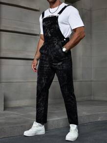 Manfinity Homme 男式褪色蓝色复古水洗修身背带工装裤 - 深色水洗藍 - 查看 3