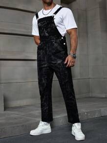 Manfinity Homme 男式褪色蓝色复古水洗修身背带工装裤 - 深色水洗藍 - 查看 4