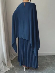 Rafferiza Đầm Maxi Rộng Xếp Ly Cổ Tròn Cánh Dơi Màu Trơn Cho Nữ Trang Phục Nữ Thanh Lịch & Quyến Rũ - Màu xanh lam - Xem 2
