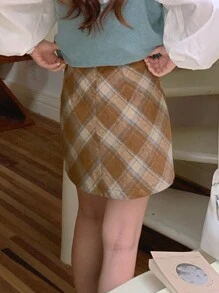 DAZY 女式格子 A 字裙，秋冬款 - 咖啡棕 - 查看 3