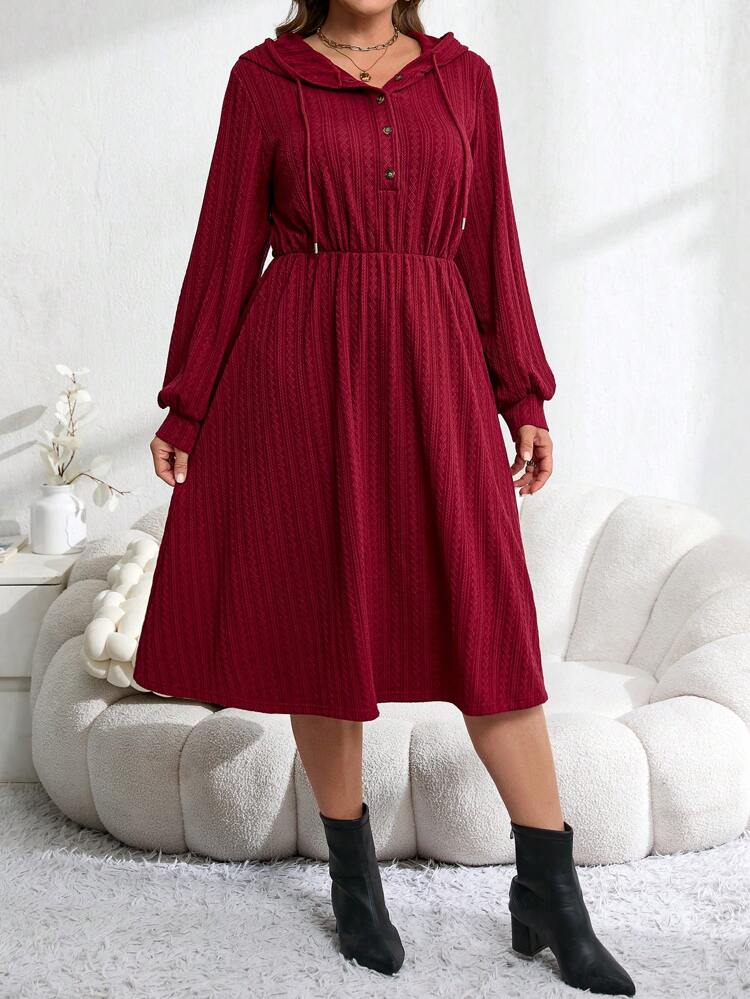 Plus Size Long Fall Dress Solid Color Front Button Long Sleeve Gathered Minimalist Hooded Casual Dress,Fall Women Clothes
