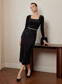 MOTF PREMIUM VELVET SQUARE NECK RUCHED FRONT RHINESTONE MIDI DRESS WITHOUT BELT - Black - View 4