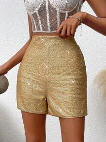 Zolique 亮片拼接直腿拉链装饰短裤 - 金色 - 查看 4