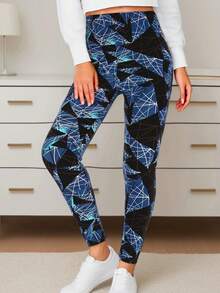 欧美风格女士休闲运动海军蓝色不对称条纹格子印花做旧图案紧身裤，适合健身、锻炼、跑步、瑜伽、体操、居家拉伸、深蹲、塑身、日常穿着、散步、骑自行车、户外探险，7/8 长度