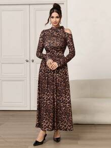 Modelyn 女士动物豹纹镂空不对称领口长袖连衣裙超长女士装长款晚礼服