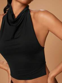 Hauture Women's Backless Solid Color Sexy Bodycon Cropped Halter Camisole - Black - View 6