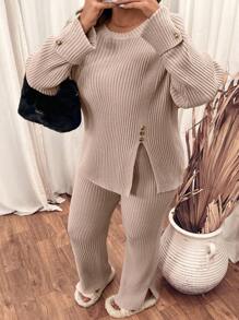 SHEIN LUNE Plus Size Women Camel Round Collar Front Slit Button Accent Knitted Sweater Pants 2-Piece Casual Suit, Autumn Winter - Camel - View 1
