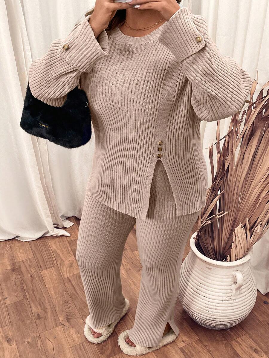SHEIN LUNE Plus Size Women Camel Round Collar Front Slit Button Accent Knitted Sweater Pants 2-Piece Casual Suit, Autumn Winter - Camel - View 1