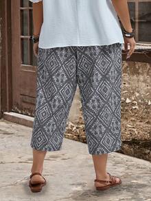 EMERY ROSE Plus Size Women's Vent Pockets Geometry Graphic Graphic Vintage Printed Casual Loose Vacation Summer Pants - Grey - View 2