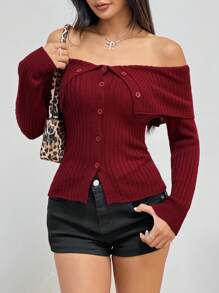 Flirla 女式露肩有领开衫 - 酒紅色 - 查看 3