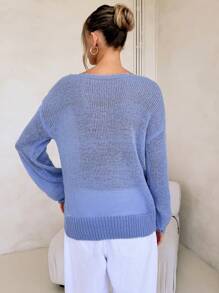 Forever 21 V-Neck Casual Blue Sweater, Spring Autumn - Blue - View 2