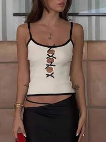 SHEIN Essnce Women's Hollow Bowknot Decor Contrast Trim Minimalist Knit Tank Top - Black and White - View 2