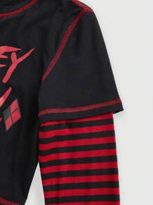 Harley Quinn | ROMWE 对比针脚字母印花条纹袖修身短款二合一 T 恤 - 黑色 - 查看 4