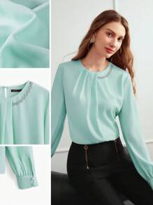 MOTF PREMIUM Blusa con mangas farol, detalles de cadena de pedrería y pliegues plisados - verde menta - Ver 8