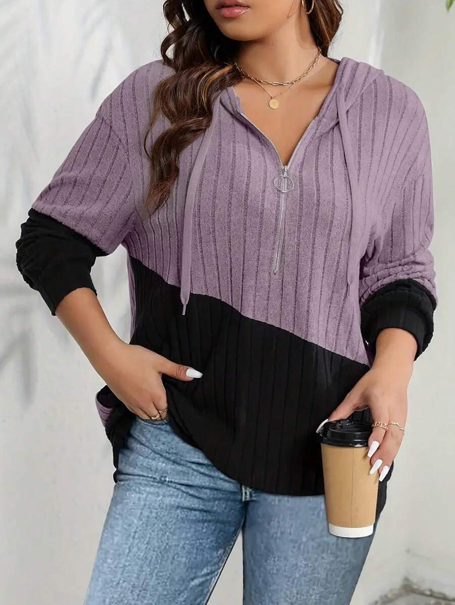 INAWLY Plus Size Color Block Half Zip Ribbed Hooded Sweatshirt , Graduation, Teachers For Women, Back To School Pullover Fall Winter Autumn - Purple - View 1