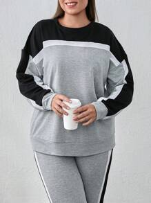 EURMUSE Cotton Plus Size Colorblock Detail Sweatshirt + Sweatpants Set - Grey - View 4