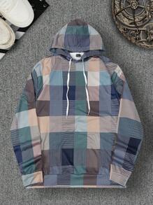 Manfinity Homme Plus Size Men's Plaid Print Drawstring Hooded Sweatshirt, Spring Autumn