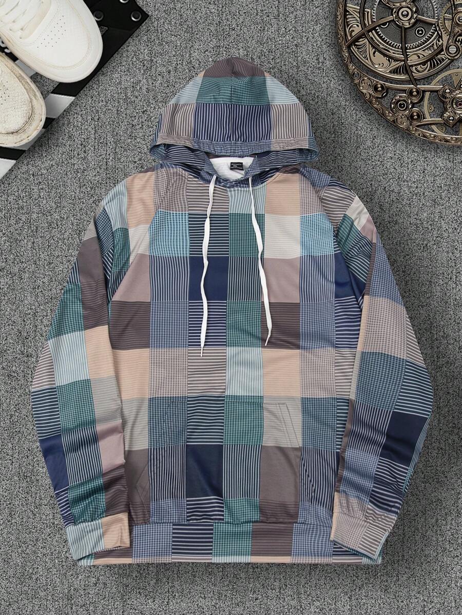Manfinity Homme Plus Size Men's Plaid Print Drawstring Hooded Sweatshirt, Spring Autumn