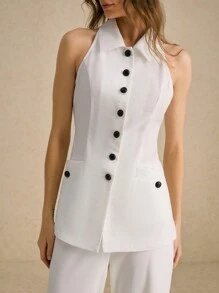 Poéselle Áo sơ mi nữ không tay đơn hàng khuy, hai túi, áo vest hở vai, quần áo thu đông, áo mọi mùa, Effortless Chic Essential, FW24 - trắng - Xem 4