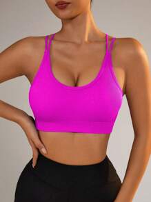 Gameset SHEIN Sport Seamless Solid Color Round Neck Backless Sports Bra - Hot Pink - View 2
