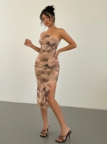 Chiquease 女士优雅无袖扎染印花长裙 - 杏色 - 查看 4